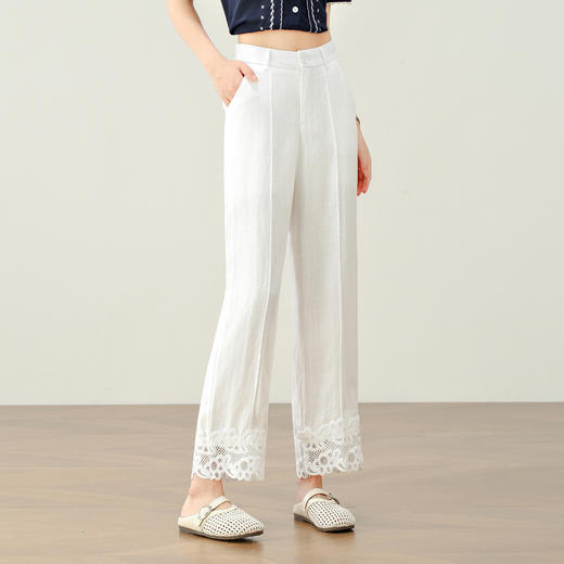 「自」全新升级【铂金会员174/天猫229/差价55】(72233)洛诗琳老钱风直筒亚麻裤2025年夏季蕾丝花边拼接休闲九分裤 商品图1