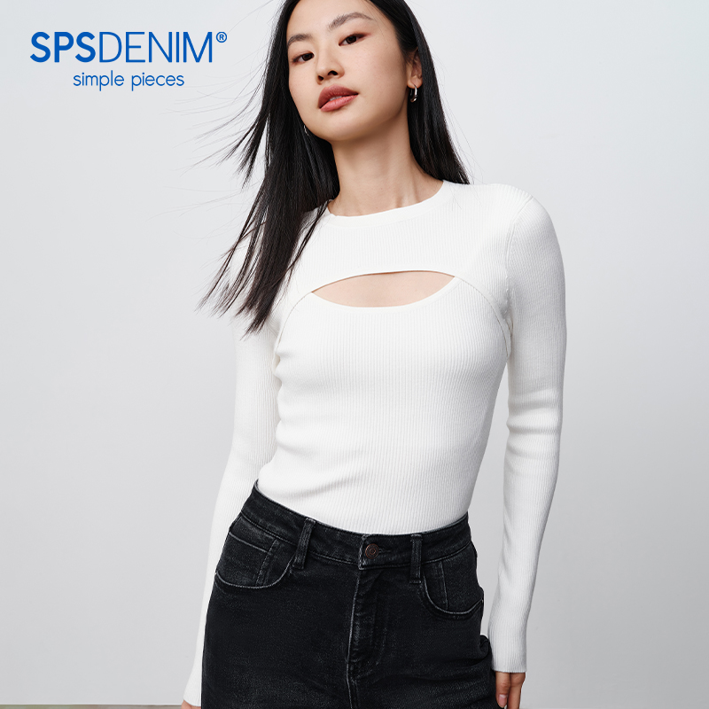 simplepieces秋季新品SPS针织女镂空装饰紧身长袖针织衫