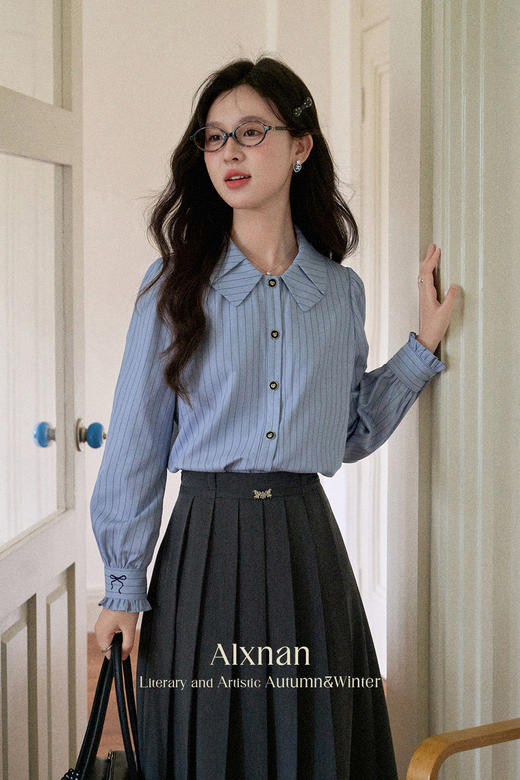 鹿向南「蔚蓝海港」法式蓝色条纹翻领长袖衬衫女早秋宽松显瘦上衣 商品图5