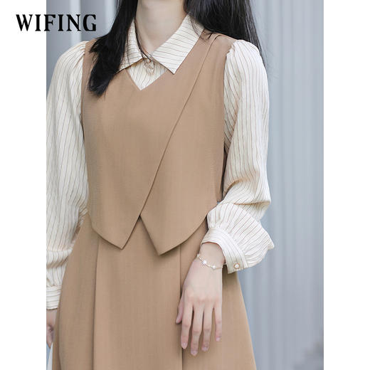 未风卡其色假两件连衣裙女秋2025年秋季新款女装气质文艺长款裙子 商品图3