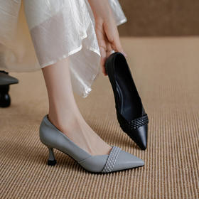 【预售5天】头层牛皮尖头浅口单鞋女细跟春秋新款编织带高跟女鞋FDME&FD9221