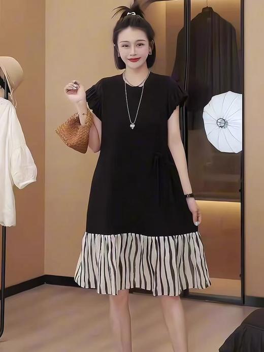 【MYBL】8651珠地网眼拼接条纹下摆系带连衣裙-喜出 商品图0