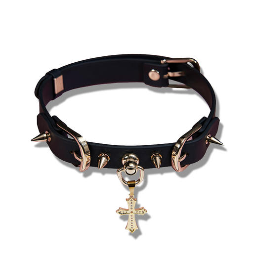 魅灵温变 曜石黑真皮朋克铆钉项圈 项圈+牵引 商品图3