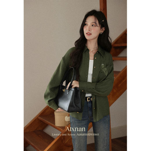 鹿向南「郁郁枕香」绿色Polo领长袖流行衬衫秋新款宽松休闲开衫女L56812 商品图3