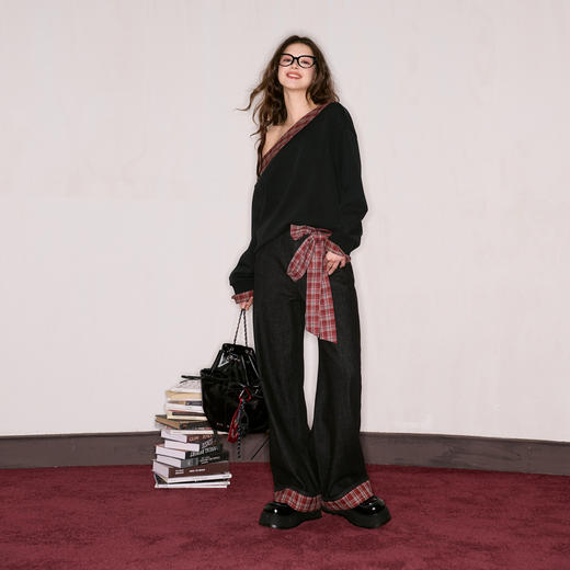 三彩独醒2025秋季新款宽松高腰直筒裤牛仔裤长裤F 商品图2