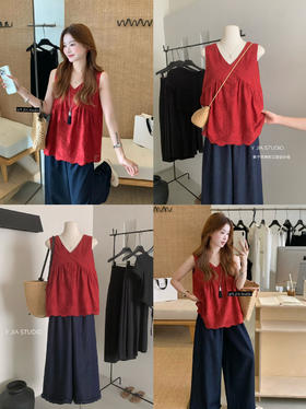 【GZ】无忧购【莉莉安】v领宽松简约显白无袖背心+休闲直筒木耳边牛仔裤套装6021（截单后7天发货)