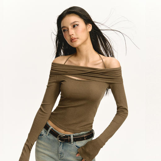 Ariseism 美式复古设计感一字肩长袖T恤女2025春秋新款修身上衣 商品图1