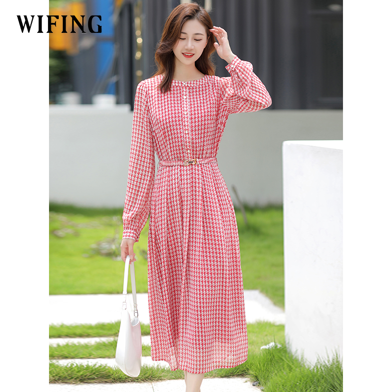 未风时尚气质长裙春季新款收腰长袖裙子早秋红色雪纺连衣裙