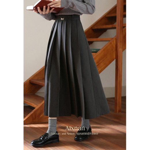 鹿向南「千秋石意」深灰色半身裙女早秋小个子好看高腰百褶裙长裙 商品图2