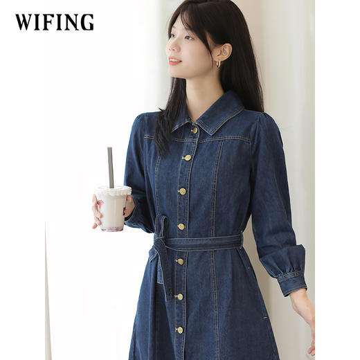 未风牛仔翻领连衣裙春季新款女装气质高腰今年流行裙子 商品图3