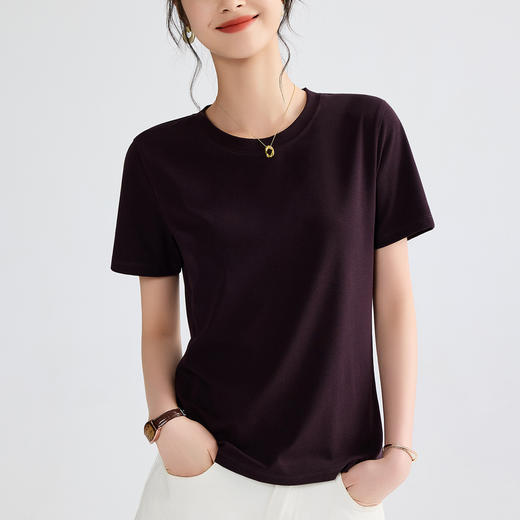 「自j」全新升级【铂金会员119/天猫159/差价40】(70653)洛诗琳纯色正肩T2025夏季新款圆领修身显瘦短袖上衣女 商品图3