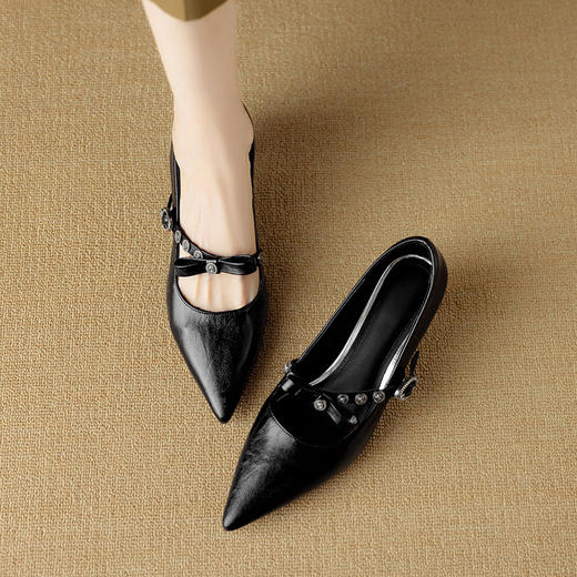 【预售5天】真皮气质尖头蝴蝶结高跟鞋粗跟法式玛丽珍鞋浅口单鞋女DB&M6208 商品图4