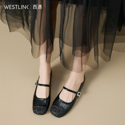 西遇内增高单鞋女新款秋季亮片银色低跟圆头小皮鞋玛丽珍鞋V1757008 商品图3