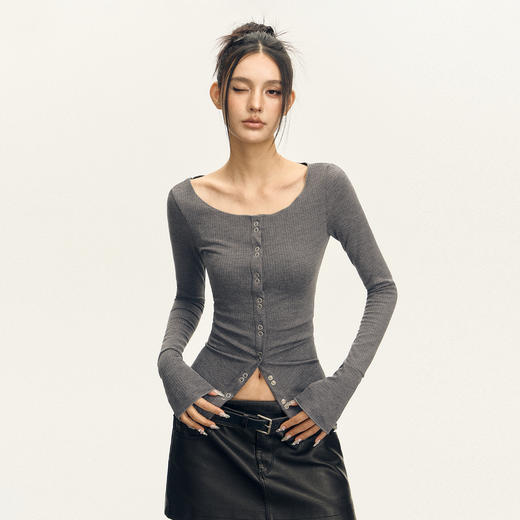 Ariseism 美式复古长袖T恤女2025春秋新款修身针织开衫外套上衣 商品图0