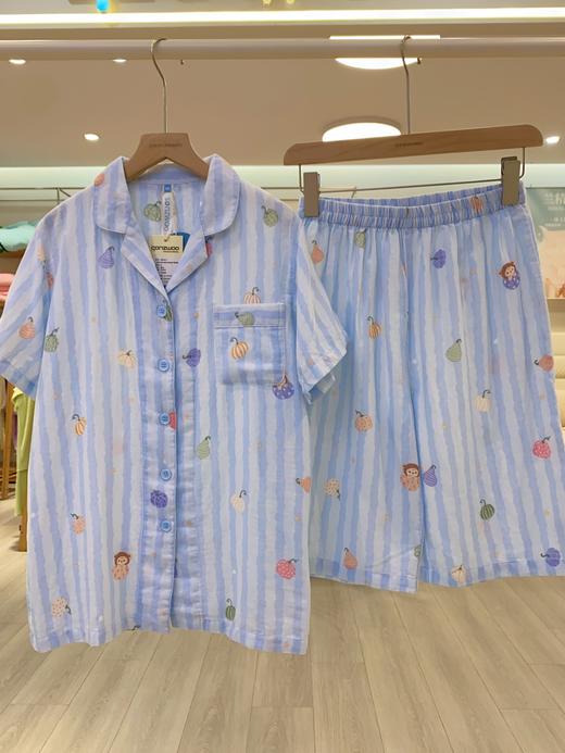 松植屋夏季女款丰收季全棉水洗短袖中裤套装100%纯棉双层纱睡衣家居服 商品图5