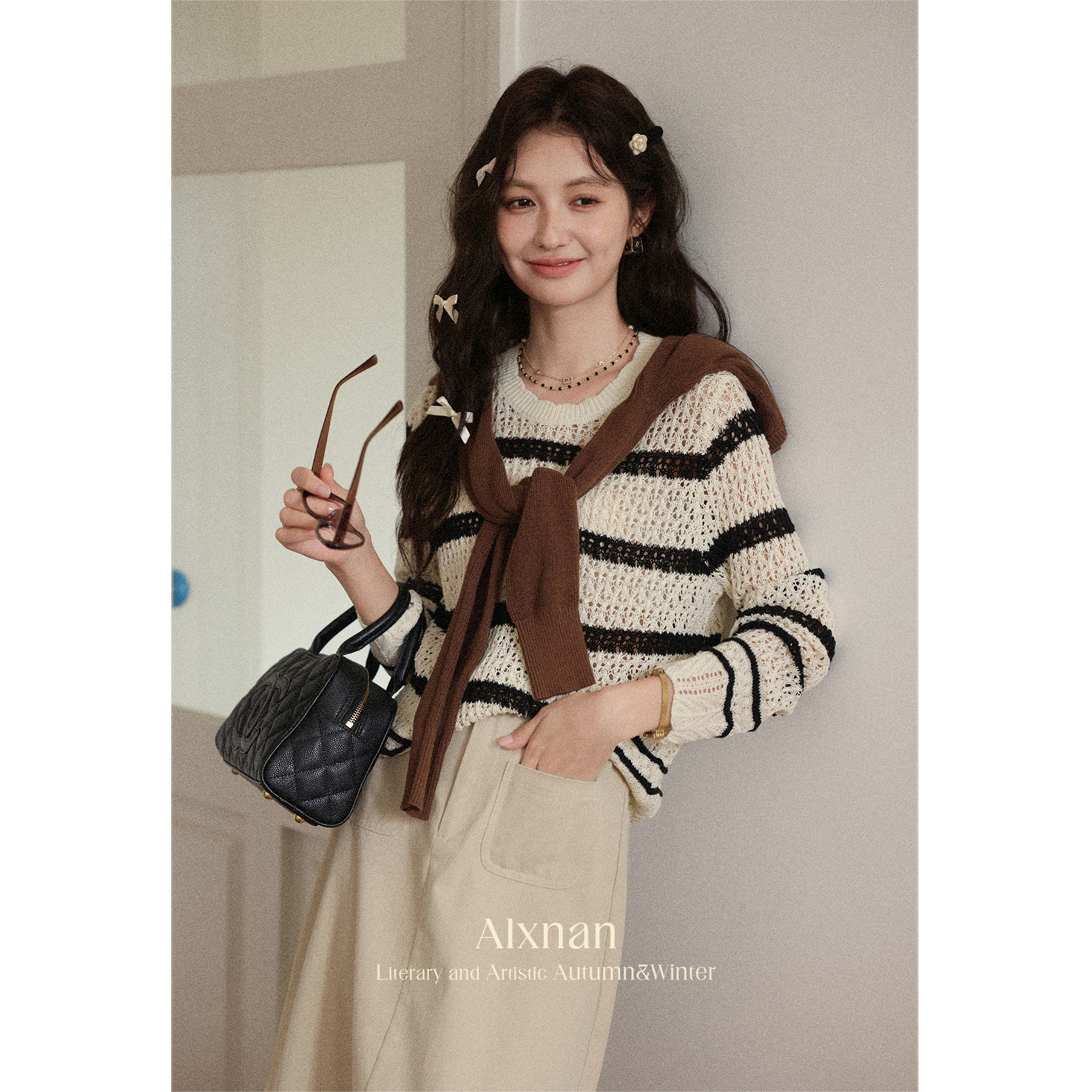 【6折秒杀】鹿向南「波米纳塞」撞色条纹长袖针织衫女秋季新款松弛感镂空罩衫