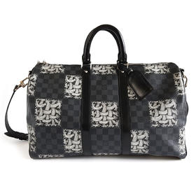 【95新】LV路易威登Keepall黑棋盘格藤原浩绳结限定keepall 45手提单肩包法国中性款现售价：10500！150725NJS04