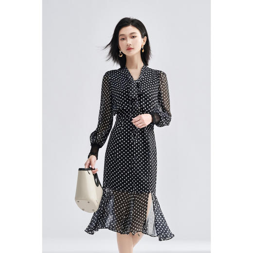 复古优雅波点鱼尾裙 米思阳2026春季新品飘带领侧开叉中长款连衣裙女4273 商品图2