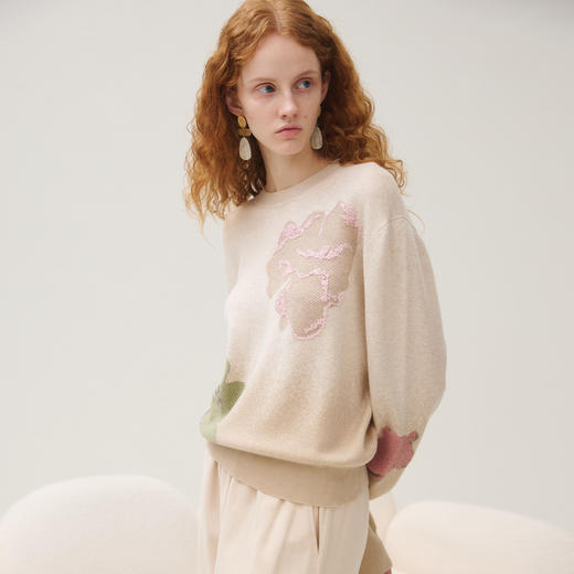 谜底圆领套头针织衫女2025秋新品柔软保暖原创提花毛衣253MZ1371 商品图2