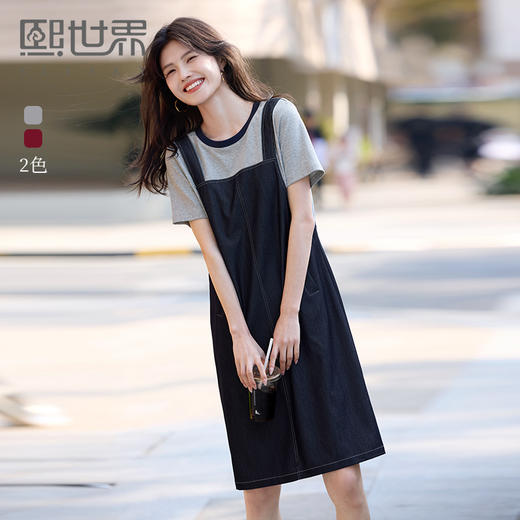 【周四狂欢价】熙世界仿天丝牛仔拼接短袖连衣裙女设计感假两件裙子2025夏季新款 商品图0