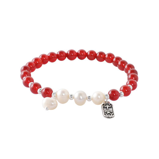 【国风系列】三彩2025新款酒红玛瑙手串手链女平安牌坠饰珍珠优雅 商品图1