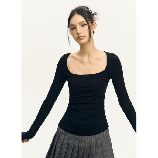 Ariseism 美式复古三色方领长袖t恤女2025春秋新款修身上衣 商品图1