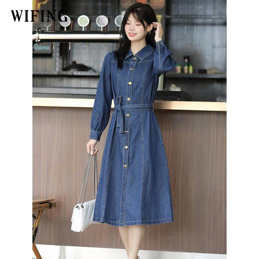 未风牛仔翻领连衣裙春季新款女装气质高腰今年流行裙子 商品图2