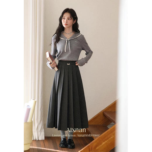 鹿向南「千秋石意」深灰色半身裙女早秋小个子好看高腰百褶裙长裙 商品图3