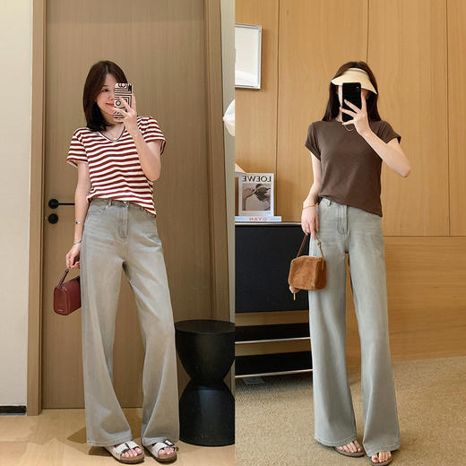 2025新款韩系海雾灰牛!lai卡四面弹石磨酵洗阔腿牛仔裤！ 商品图1