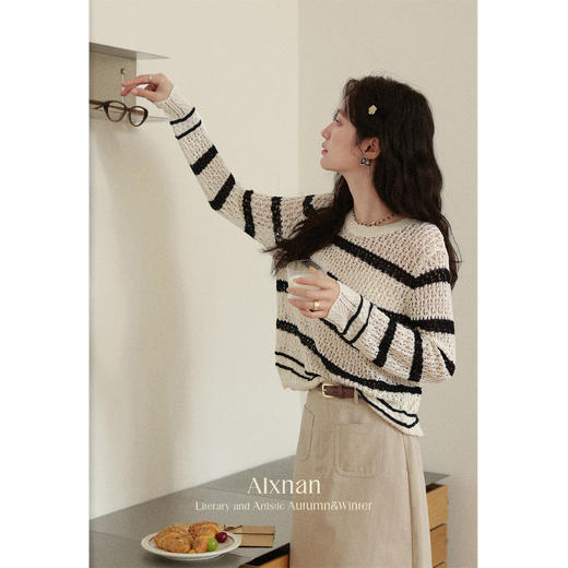 【6折秒杀】鹿向南「波米纳塞」撞色条纹长袖针织衫女秋季新款松弛感镂空罩衫 商品图2