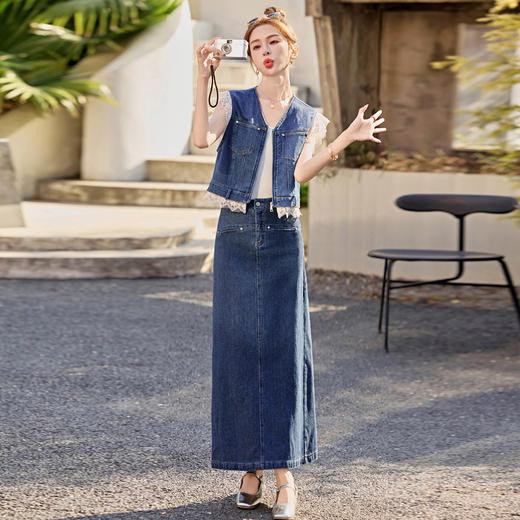 【预售3天】牛仔时尚套装2025新款韩系穿搭洋气拼接蕾丝马甲半身裙两件套YF2555 商品图1