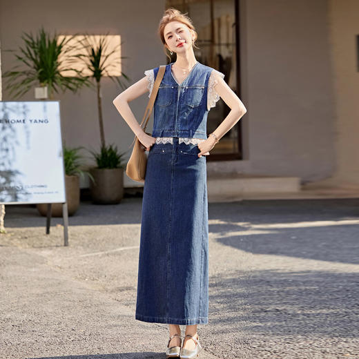 【预售3天】牛仔时尚套装2025新款韩系穿搭洋气拼接蕾丝马甲半身裙两件套YF2555 商品图2