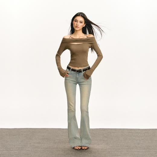 Ariseism 美式复古设计感一字肩长袖T恤女2025春秋新款修身上衣 商品图4