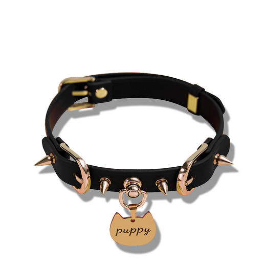 魅灵温变 曜石黑真皮朋克铆钉项圈 项圈+牵引 商品图2