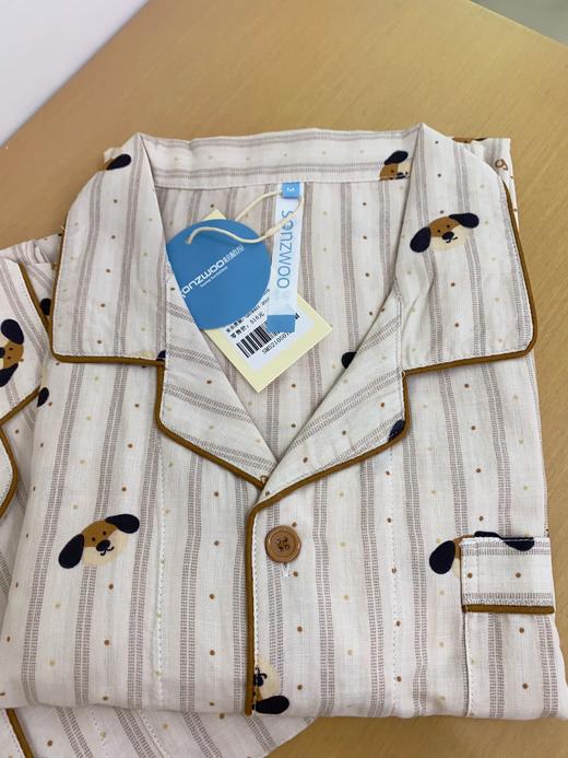 松植屋夏季男女同款情侣款快乐小狗全棉水洗短袖中裤套装100%纯棉双层纱睡衣家居服 商品图3