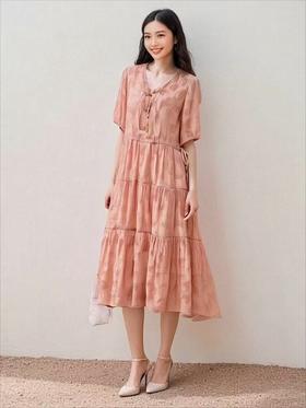中秋大力度清仓~（不支持退）-NO退【MYBL】8096 新中式粉色暗花蕾丝系带蛋糕裙连衣裙-喜出
