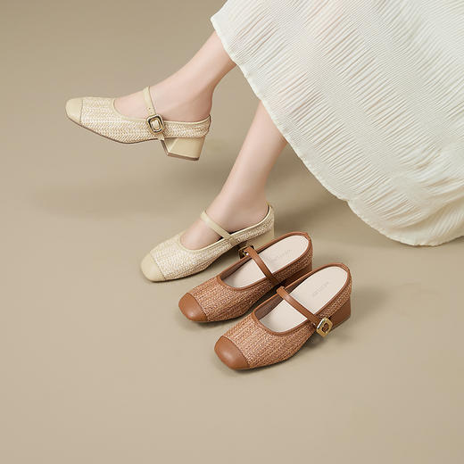 西遇半拖鞋女外穿新款秋季法式编织一字带内增高方头粗跟单鞋V1757003 商品图0