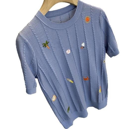 怦然心动的绝！！太好看了，2025度假海滩刺绣细绞花羊毛针织短袖T恤！ 商品图4