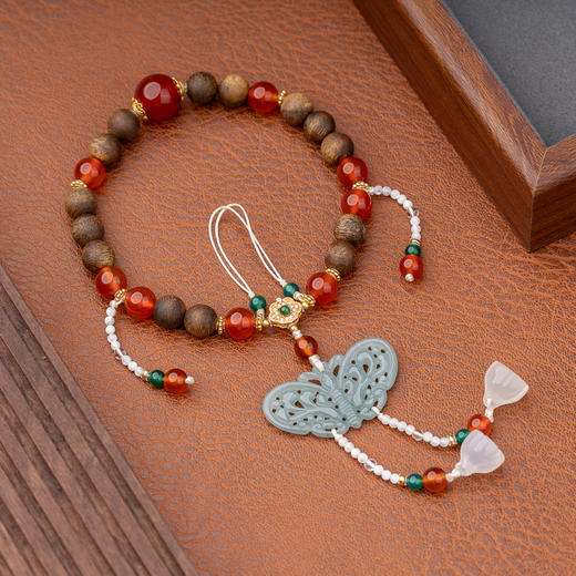 【宫里上新】翡翠福蝶十八子 莺歌绿棋楠白水晶红玛瑙压襟手持 商品图0