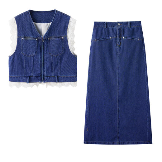 【预售3天】牛仔时尚套装2025新款韩系穿搭洋气拼接蕾丝马甲半身裙两件套YF2555 商品图4