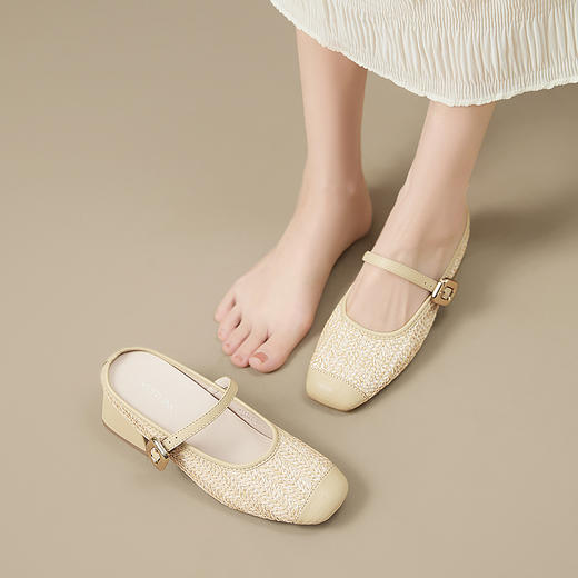 西遇半拖鞋女外穿新款秋季法式编织一字带内增高方头粗跟单鞋V1757003 商品图1