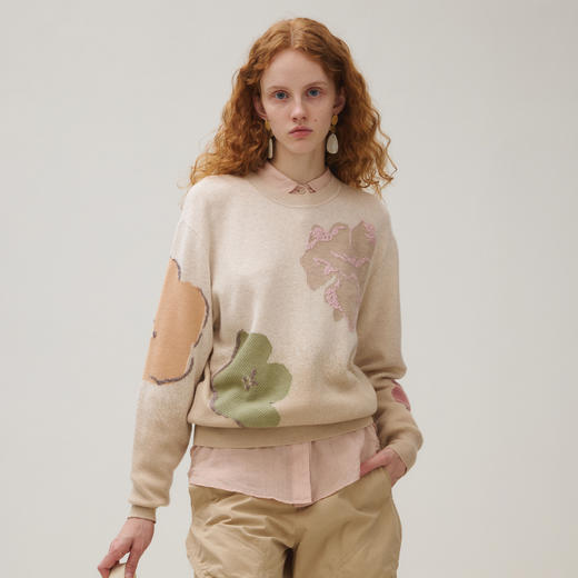 谜底圆领套头针织衫女2025秋新品柔软保暖原创提花毛衣253MZ1371 商品图1