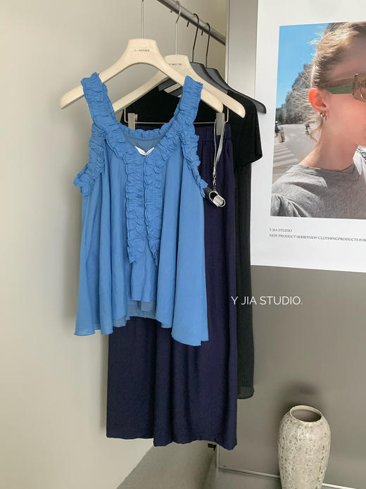 【GZ】无忧购高级感木耳边娃娃领露肩上衣背心+宽松阔腿休闲裤套装9277（截单后3-5天发货) 商品图8