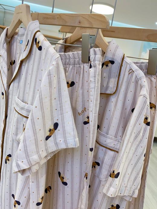 松植屋夏季男女同款情侣款快乐小狗全棉水洗短袖中裤套装100%纯棉双层纱睡衣家居服 商品图1