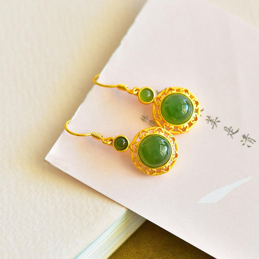 复古碧玉耳坠耳饰925银镀金色，古纹镶嵌天然和田玉耳环玉石耳钩12186-6 商品图5