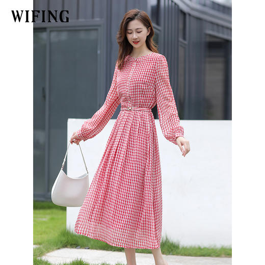 未风时尚气质长裙春季新款收腰长袖裙子早秋红色雪纺连衣裙 商品图3