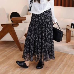 茱莉缇JURLIEDI 塞纳河絮语 黑白印花半身裙  轻盈透气 丝滑柔软