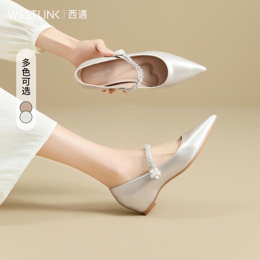 西遇尖头玛丽珍鞋女新款秋季绝美水钻低跟鞋内增高裸色单鞋V1756997 商品图0
