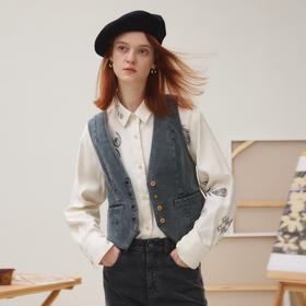 谜底马夹女2025秋新品复古收腰灯芯绒牛仔手绘印花马甲253MM1222