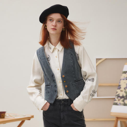 谜底马夹女2025秋新品复古收腰灯芯绒牛仔手绘印花马甲253MM1222 商品图0